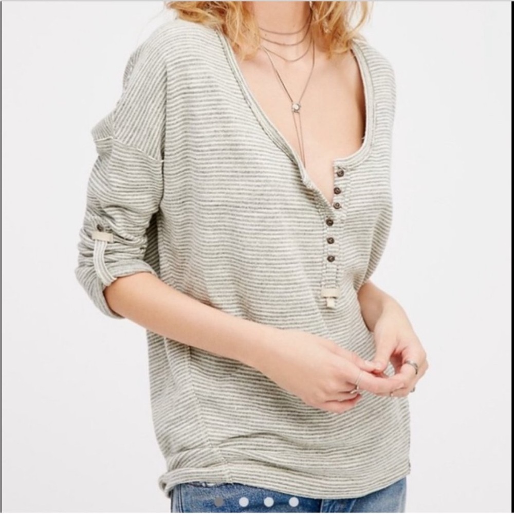 Free People We the Free Beach Haven Grey and Ivory Striped Blouse Size XS